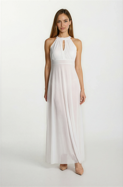 Firenze V Yaka Boyundan Bağlı Uzun Abiye Elbise BEYAZ