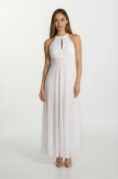 Firenze V Yaka Boyundan Bağlı Uzun Abiye Elbise BEYAZ