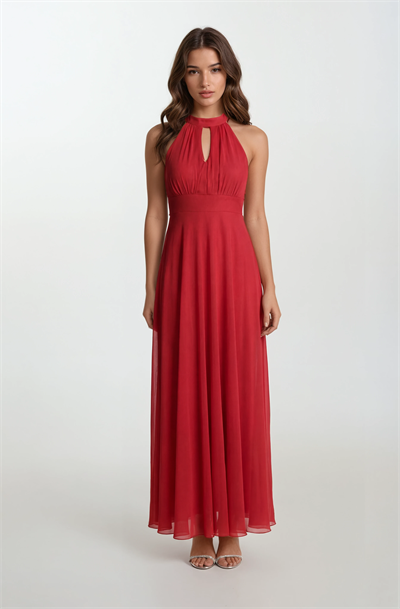 Firenze V Yaka Boyundan Bağlı Uzun Abiye Elbise KIRMIZI