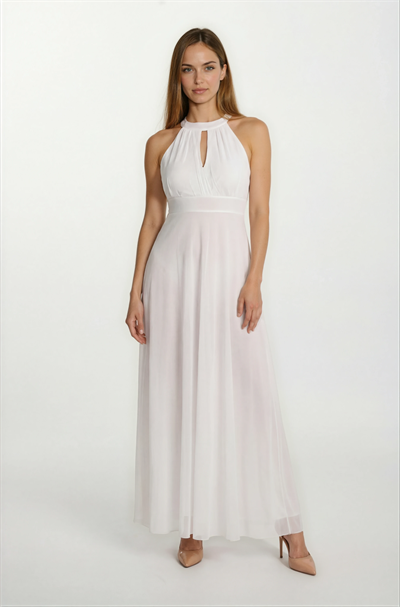 Firenze V Yaka Boyundan Bağlı Uzun Abiye Elbise BEYAZ