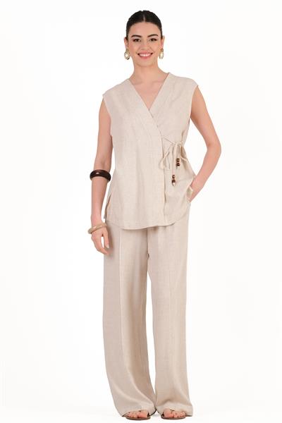 Flammin V Yaka Anvelop Bağcıklı Bluz BEJ