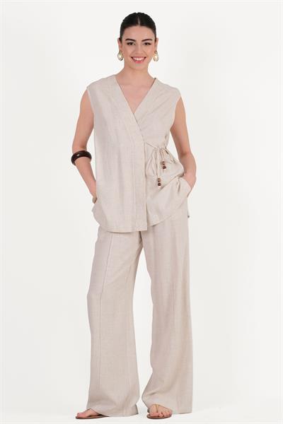 Flammini Beli Lastikli Ön Dikişli Bol Paça Pantolon BEJ