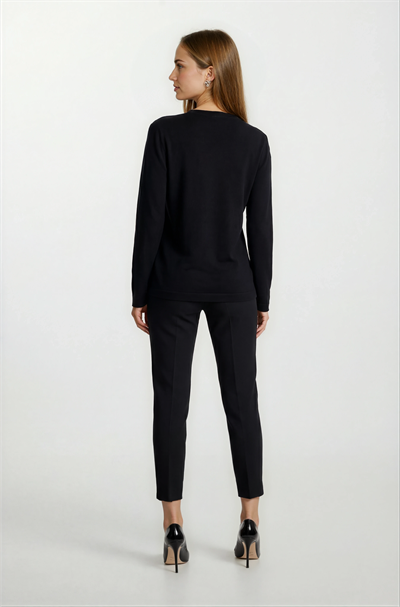 Flanigan Bisiklet Yaka Üçgen Simli Tül Detaylı Triko SİYAH