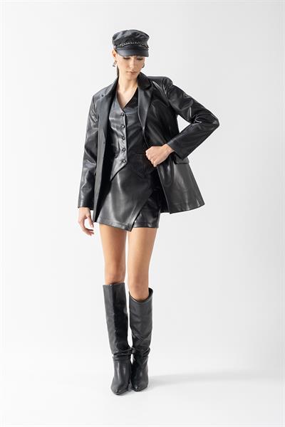 Flemming Klasik Yaka Bele Oturan Deri Ceket SİYAH