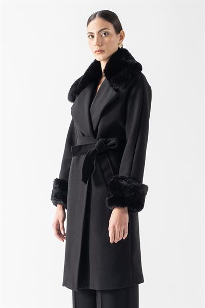 Friedricks Kruvaze Yakası Kolları Kürklü Kaban SİYAH