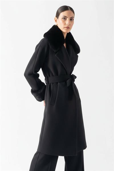 Friedricks Kruvaze Yakası Kolları Kürklü Kaban SİYAH