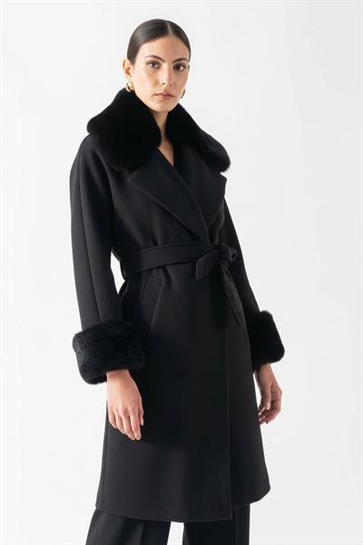 Friedricks Kruvaze Yakası Kolları Kürklü Kaban SİYAH