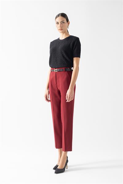 Furmann Yüksek Bel Deri Kemerli  Dar Paça Pantolon BORDO
