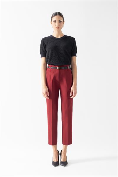 Furmann Yüksek Bel Deri Kemerli  Dar Paça Pantolon BORDO