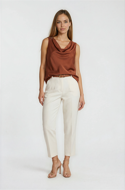 Furmann Yüksek Bel Deri Kemerli  Dar Paça Pantolon KREM