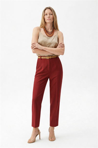 Furmann Yüksek Bel Deri Kemerli  Dar Paça Pantolon BORDO