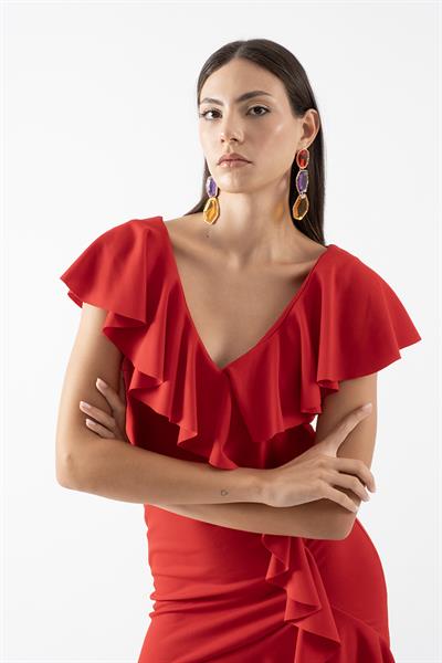 Gaya Yaka Etek Volanlı Elbise KIRMIZI