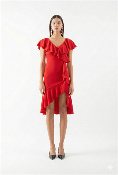 Gaya Yaka Etek Volanlı Elbise KIRMIZI