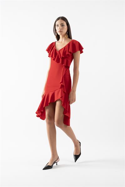 Gaya Yaka Etek Volanlı Elbise KIRMIZI