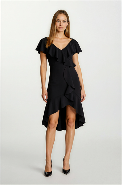 Gaya Yaka Etek Volanlı Elbise SİYAH