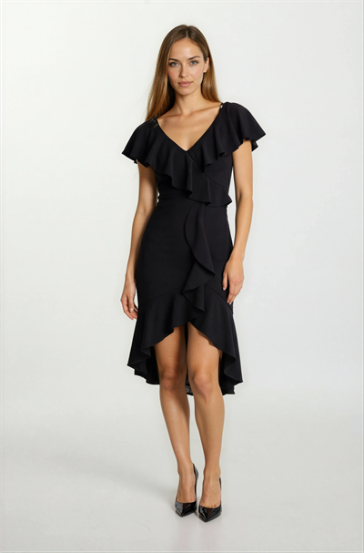 Gaya Yaka Etek Volanlı Elbise SİYAH