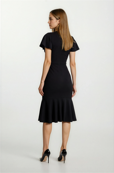 Gaya Yaka Etek Volanlı Elbise SİYAH