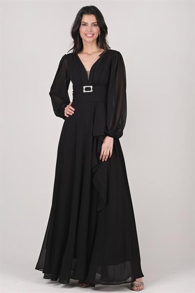 Gelso V Yaka Sırt Çarpraz Bağlı Uzun Abiye Elbise SİYAH