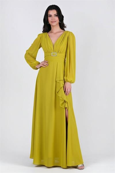 Gelso V Yaka Sırt Çarpraz Bağlı Uzun Abiye Elbise FISTIK YEŞİL