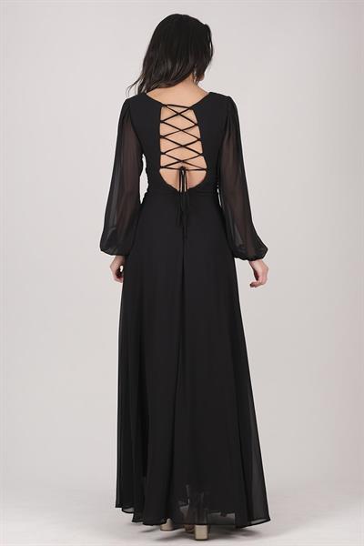 Gelso V Yaka Sırt Çarpraz Bağlı Uzun Abiye Elbise SİYAH