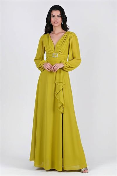 Gelso V Yaka Sırt Çarpraz Bağlı Uzun Abiye Elbise FISTIK YEŞİL