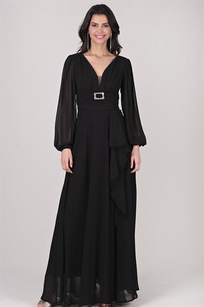 Gelso V Yaka Sırt Çarpraz Bağlı Uzun Abiye Elbise SİYAH