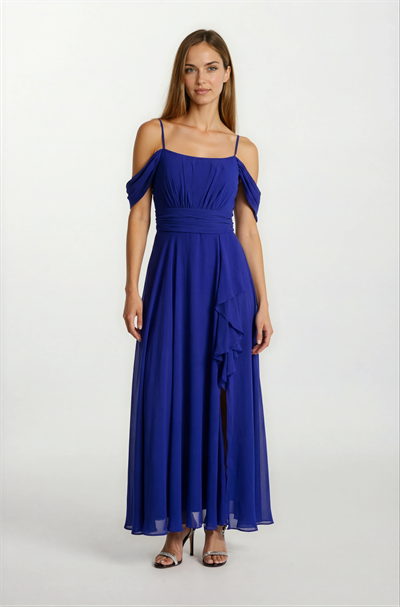 Gentile Beli Drapeli Etek Yırtmaçlı Volanlı Uzun Abiye Elbise SAKS