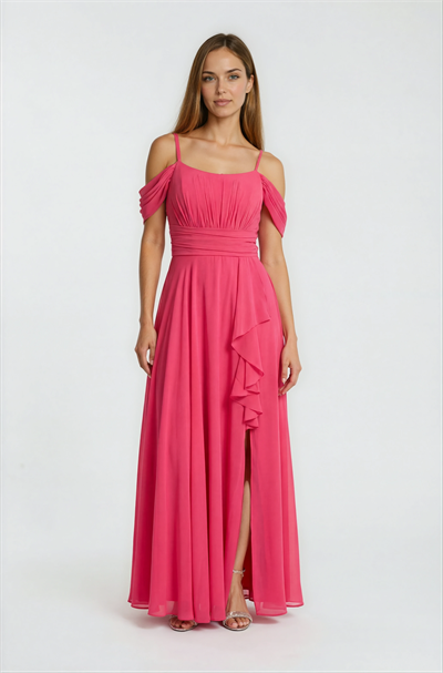 Gentile Beli Drapeli Etek Yırtmaçlı Volanlı Uzun Abiye Elbise FUŞYA