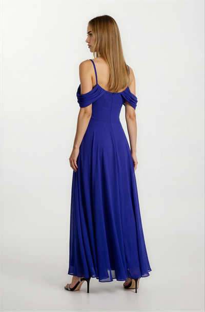 Gentile Beli Drapeli Etek Yırtmaçlı Volanlı Uzun Abiye Elbise SAKS