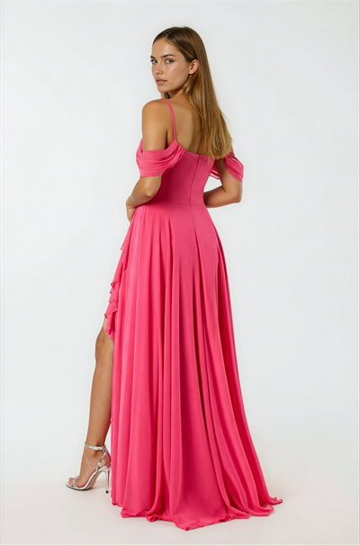 Gentile Beli Drapeli Etek Yırtmaçlı Volanlı Uzun Abiye Elbise FUŞYA