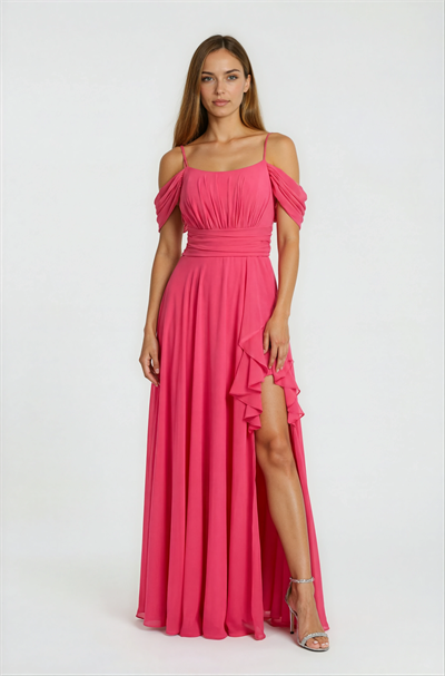 Gentile Beli Drapeli Etek Yırtmaçlı Volanlı Uzun Abiye Elbise FUŞYA