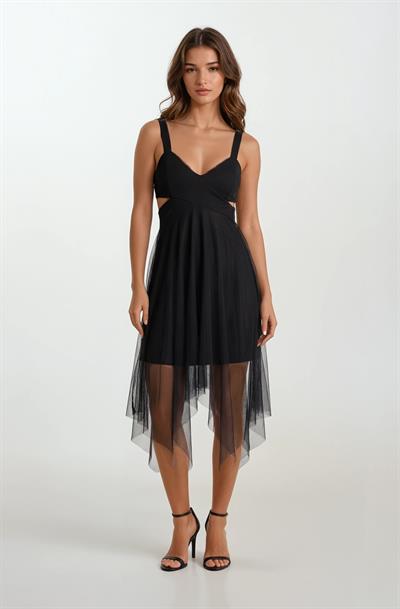 Giacoma Askılı V Yaka Yanları Açık Uzun Abiye Elbise SİYAH