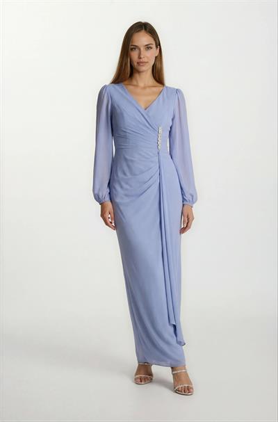 Giannina Kruvaze Taş Aksesuarlı Uzun Abiye Elbise MAVİ