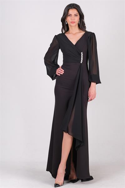 Giannina Kruvaze Taş Aksesuarlı Uzun Abiye Elbise SİYAH