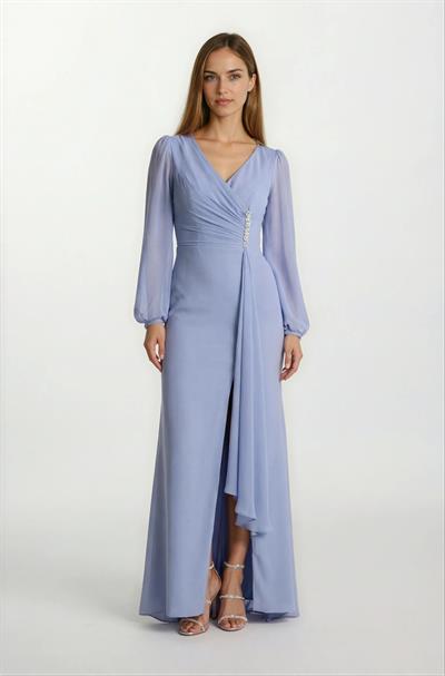 Giannina Kruvaze Taş Aksesuarlı Uzun Abiye Elbise MAVİ