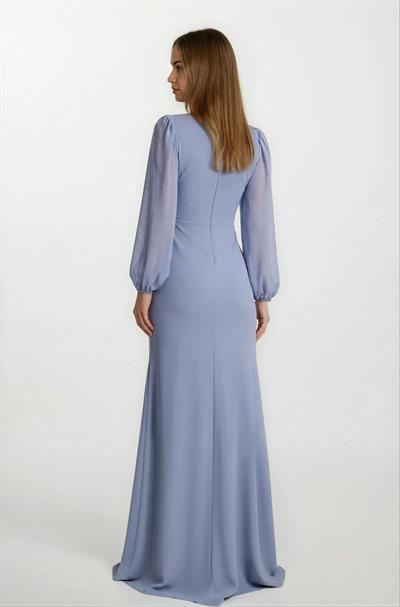 Giannina Kruvaze Taş Aksesuarlı Uzun Abiye Elbise MAVİ