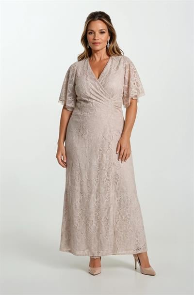 Giarrico Kruvaze Yaka Volanlı Kol Uzun Abiye Elbise VİZON