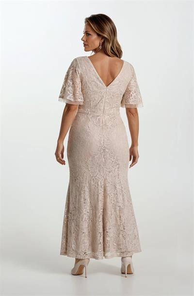 Giarrico Kruvaze Yaka Volanlı Kol Uzun Abiye Elbise VİZON