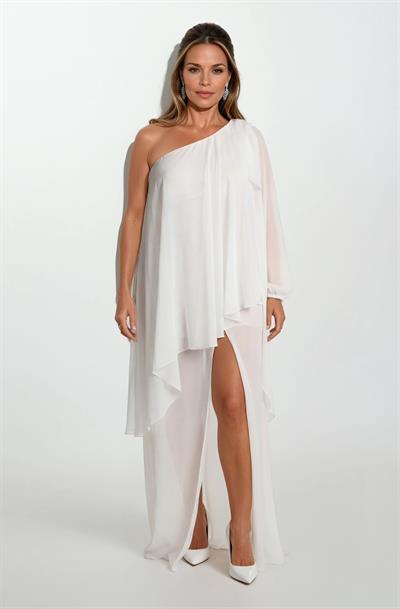 Gilbertina Tek Kol Önü Yırtmaçlı Şal Detaylı Abiye Uzun Elbise EKRU