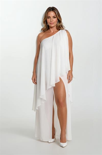 Gilbertina Tek Kol Önü Yırtmaçlı Şal Detaylı Abiye Uzun Elbise EKRU