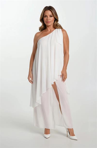 Gilbertina Tek Kol Önü Yırtmaçlı Şal Detaylı Abiye Uzun Elbise EKRU
