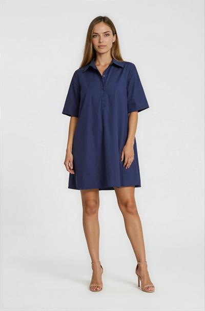 Gömlek Yaka Düğmeli KIsa Kol Midi Elbise LACİVERT