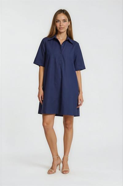 Gömlek Yaka Düğmeli KIsa Kol Midi Elbise LACİVERT