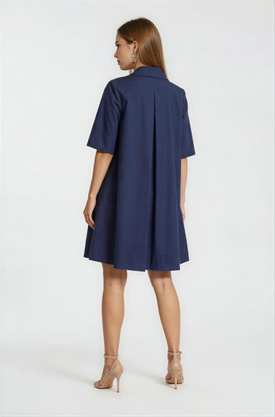 Gömlek Yaka Düğmeli KIsa Kol Midi Elbise LACİVERT