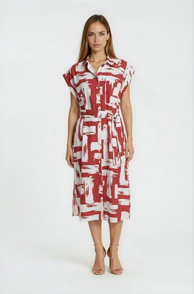 Gömlek Yaka Düğmeli Kuşaklı Midi Elbise BORDO