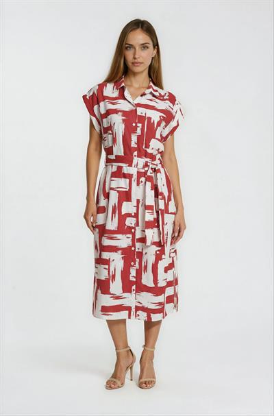 Gömlek Yaka Düğmeli Kuşaklı Midi Elbise BORDO