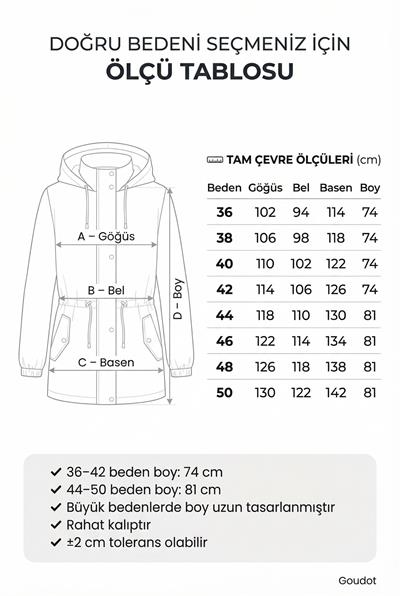 Goudot Kapüşonlu Mevsimlik Parka – Beli Büzgülü, Çıtçıt Detaylı TARÇIN