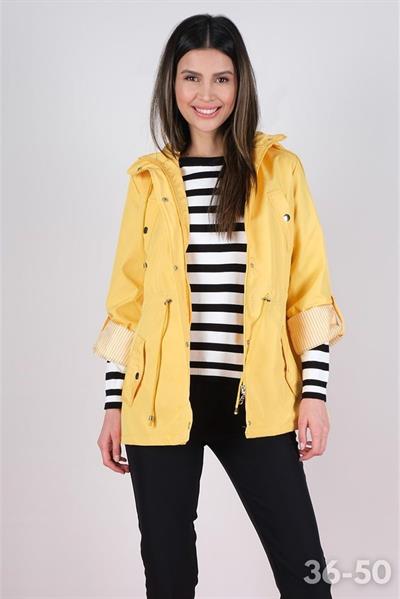 Goudot Kapüşonlu Mevsimlik Parka – Beli Büzgülü, Çıtçıt Detaylı SARI