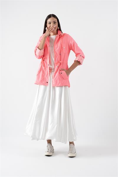 Goudot Kapüşonlu Mevsimlik Parka – Beli Büzgülü, Çıtçıt Detaylı PEMBE