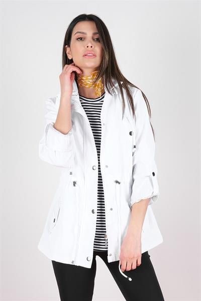 Goudot Kapüşonlu Mevsimlik Parka – Beli Büzgülü, Çıtçıt Detaylı BEYAZ